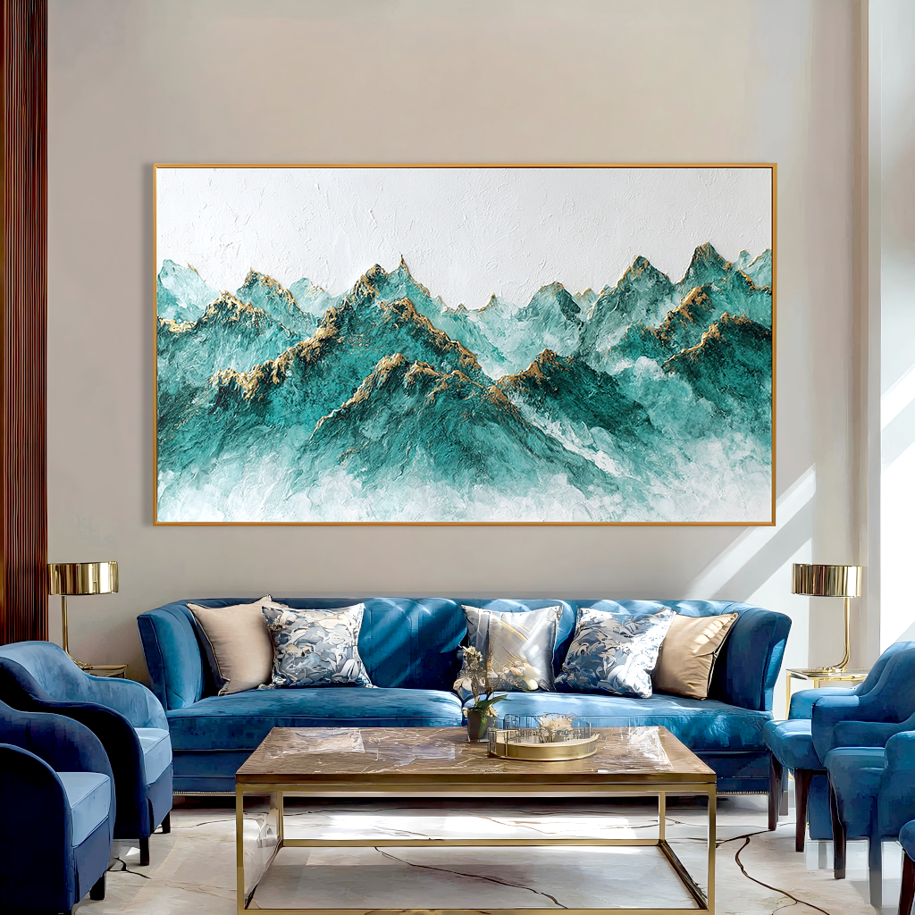Celestial Peaks – Panoramic Textured Mountain Oil Painting#AB14312
