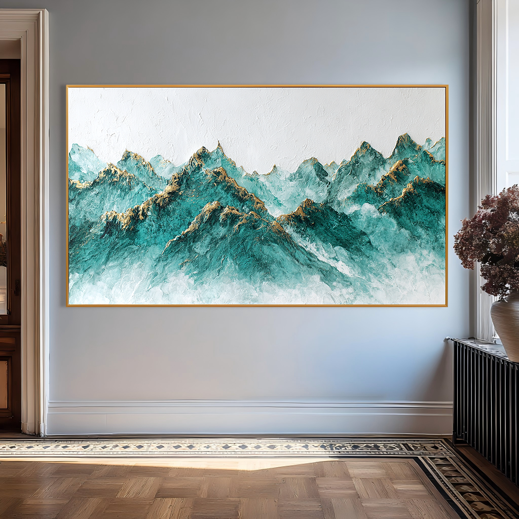 Celestial Peaks – Panoramic Textured Mountain Oil Painting#AB14312