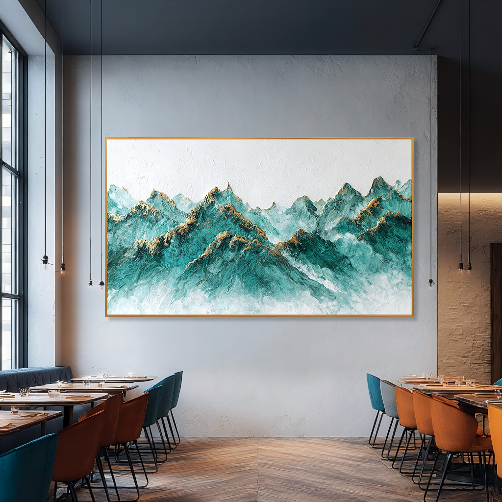 Celestial Peaks – Panoramic Textured Mountain Oil Painting#AB14312