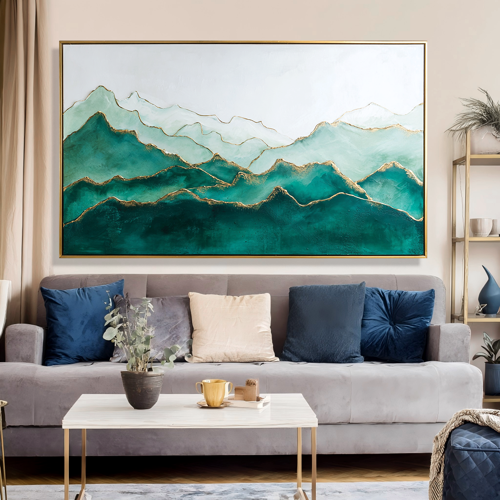 Verdant Echo – Panoramic Textured Mountain Oil Painting#AB14313