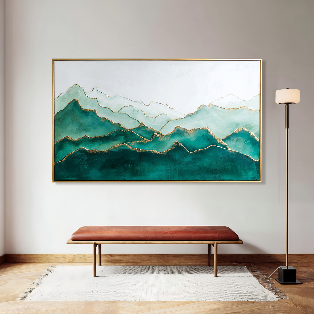Verdant Echo – Panoramic Textured Mountain Oil Painting#AB14313
