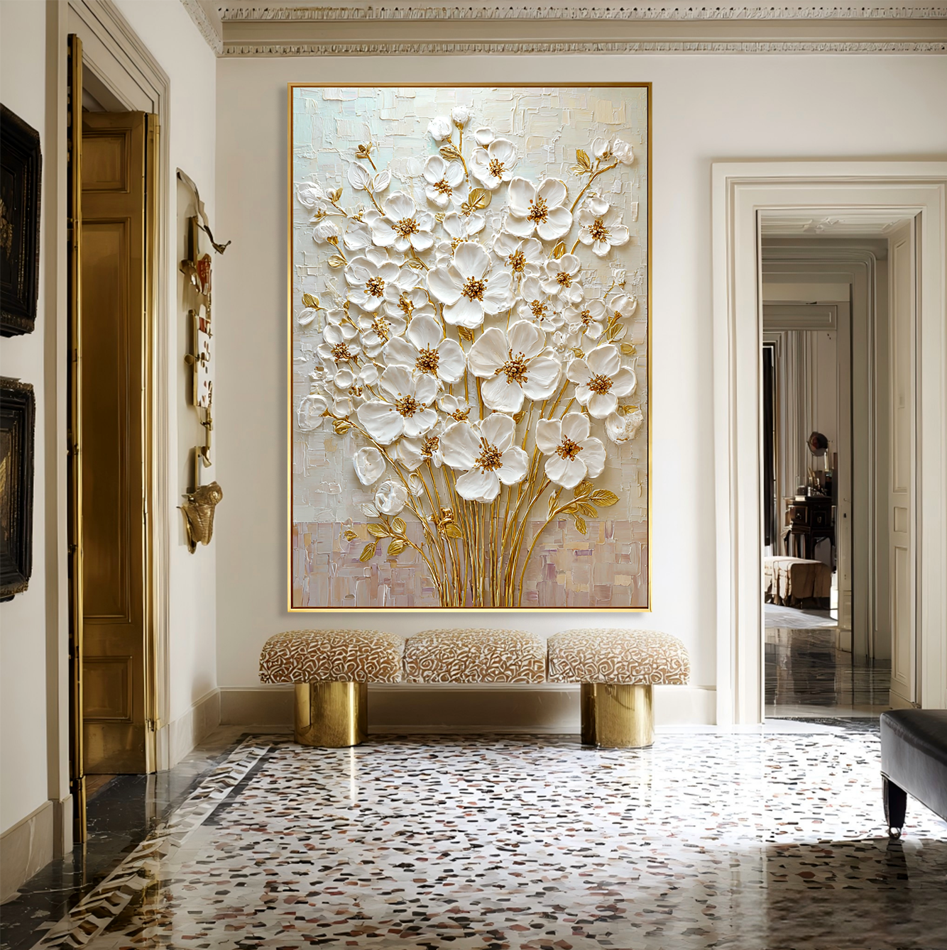 Golden Bloom – White Floral Wall Art#AB0323020