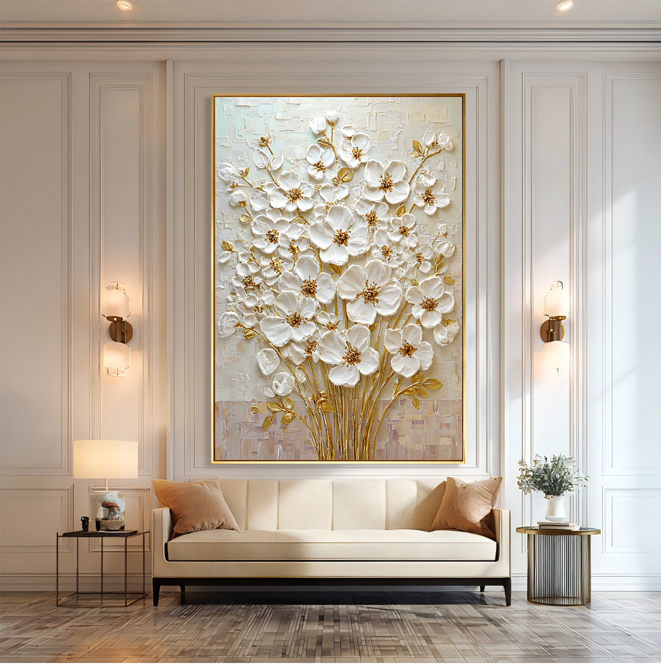 Golden Bloom – White Floral Wall Art#AB0323020