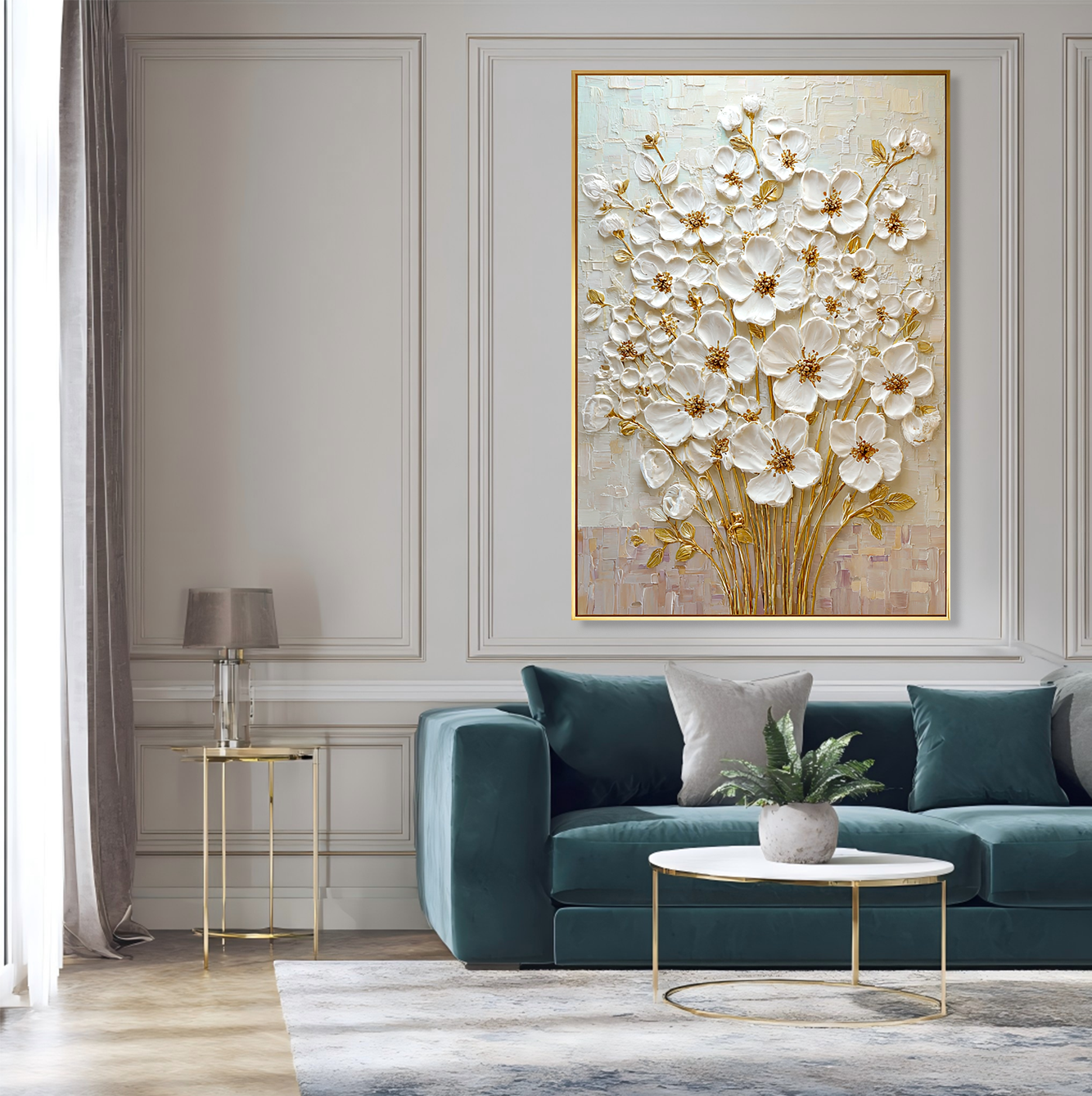 Golden Bloom – White Floral Wall Art#AB0323020