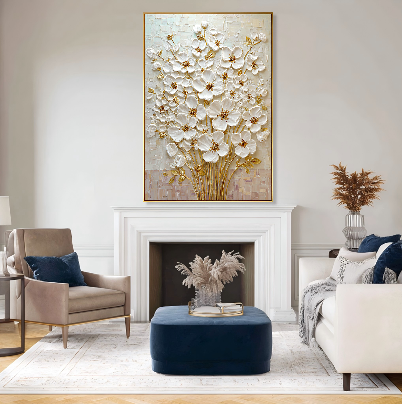 Golden Bloom – White Floral Wall Art#AB0323020