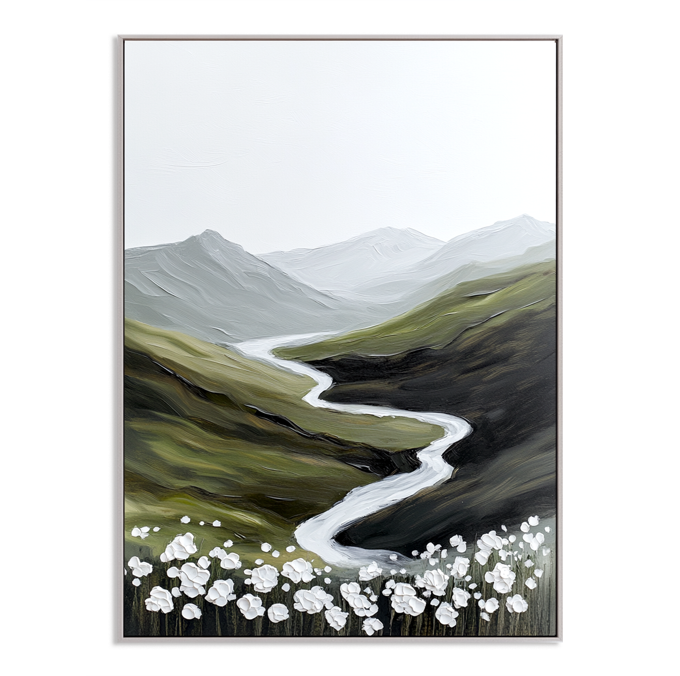 Whispering Valley Bloom – Minimalist Floral Mountain Oil Painting#wp260317
