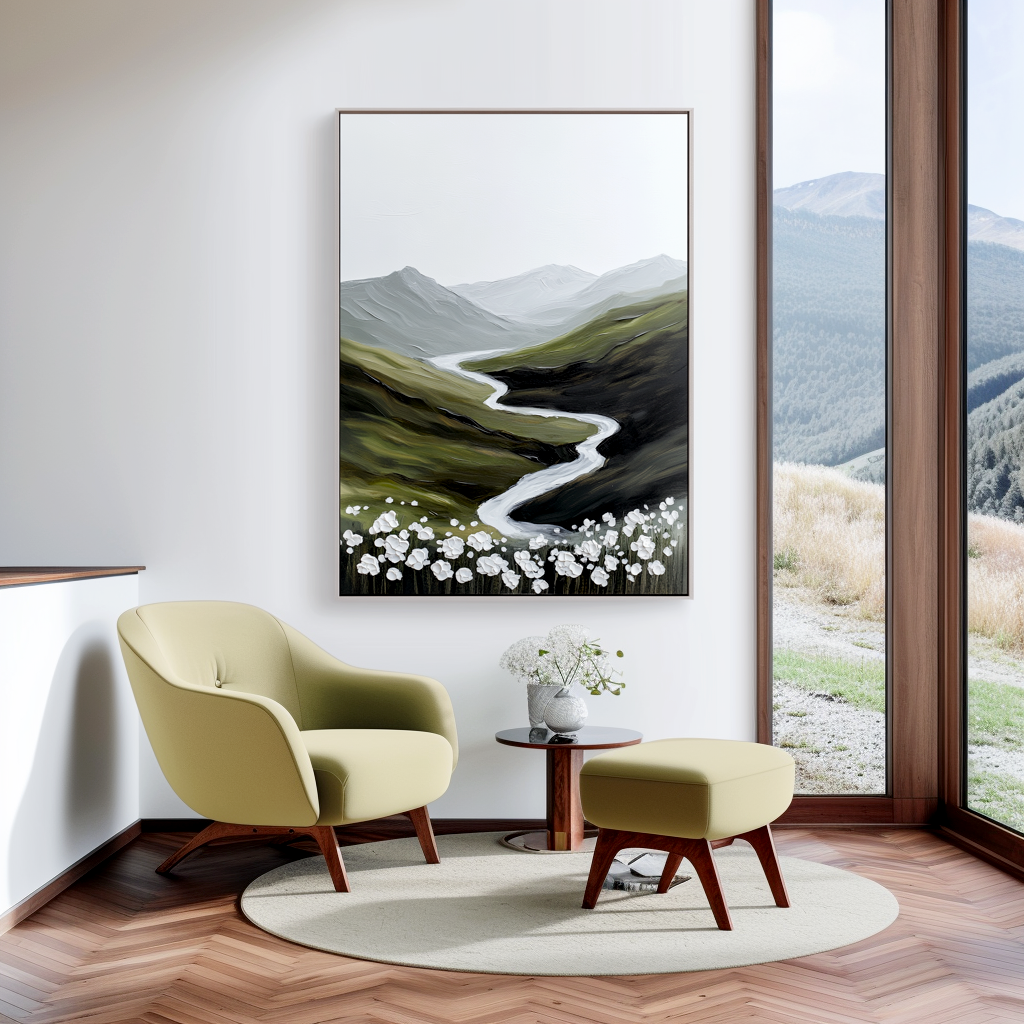 Whispering Valley Bloom – Minimalist Floral Mountain Oil Painting#wp260317