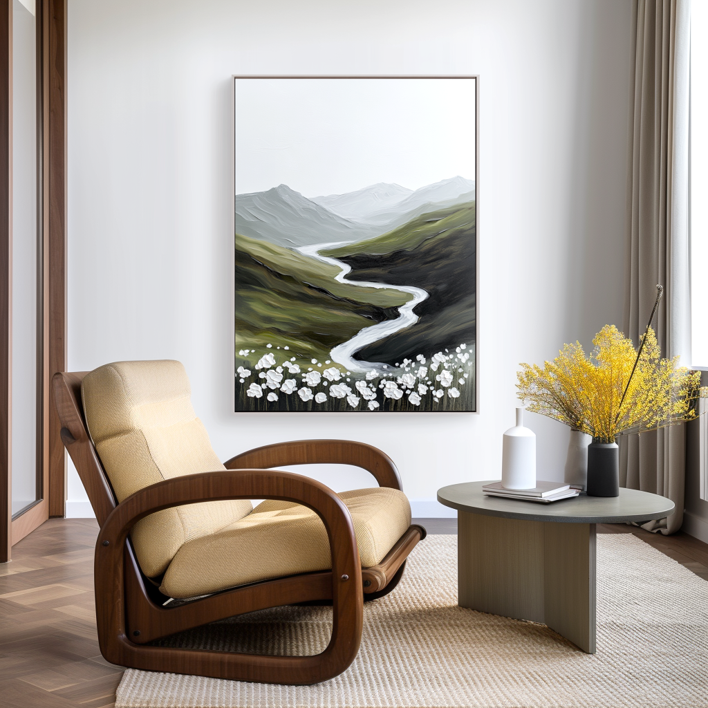 Whispering Valley Bloom – Minimalist Floral Mountain Oil Painting#wp260317