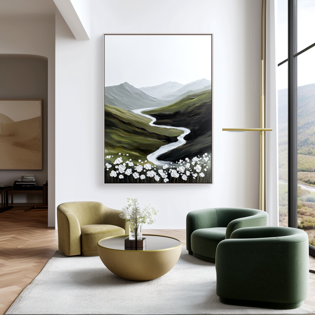 Whispering Valley Bloom – Minimalist Floral Mountain Oil Painting#wp260317