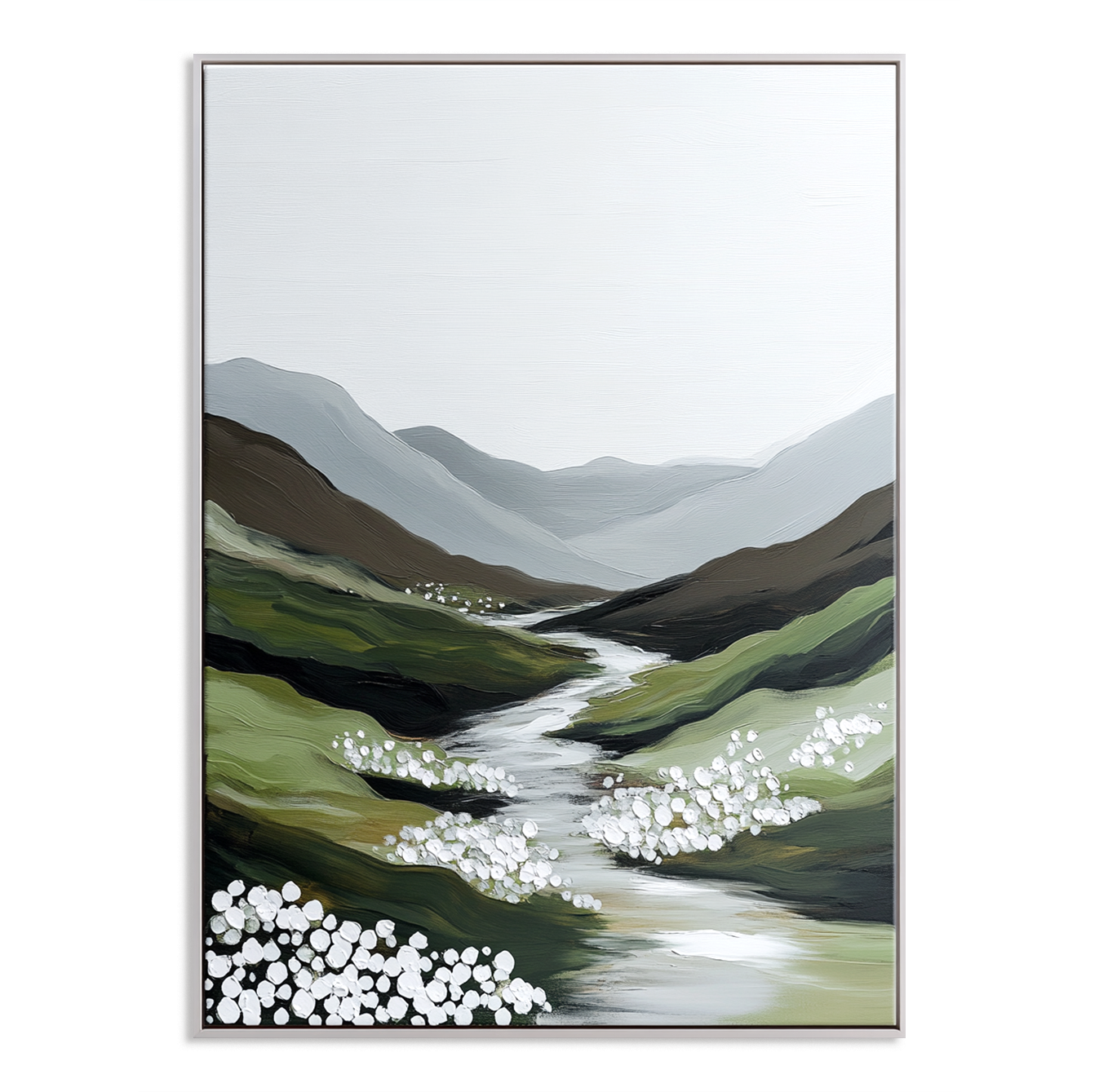 Quiet Valley Flow – Minimalist River Landscape Oil Painting#wp260319