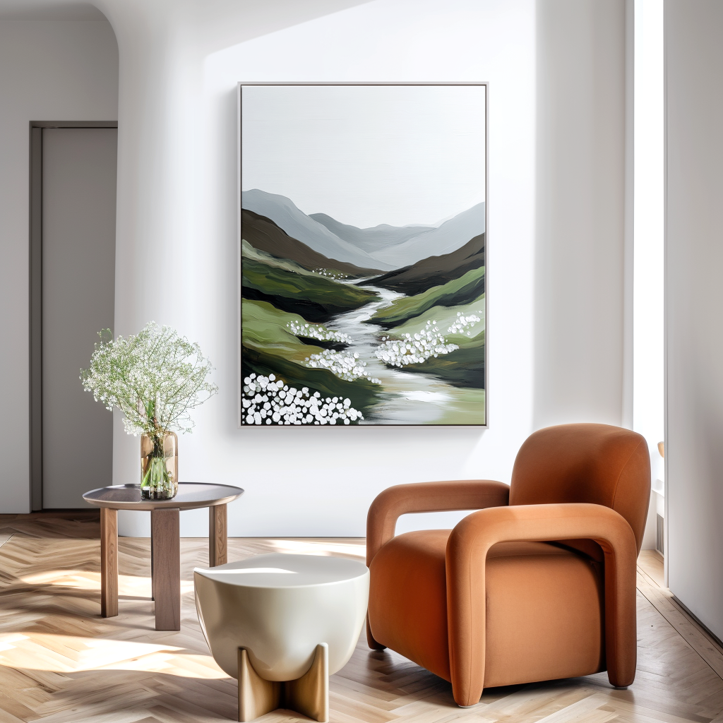 Quiet Valley Flow – Minimalist River Landscape Oil Painting#wp260319