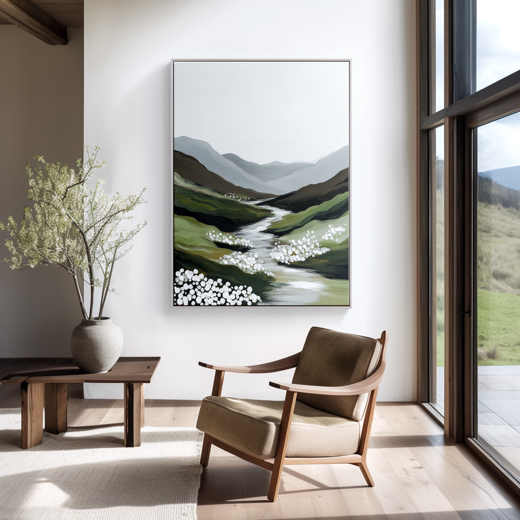 Quiet Valley Flow – Minimalist River Landscape Oil Painting#wp260319