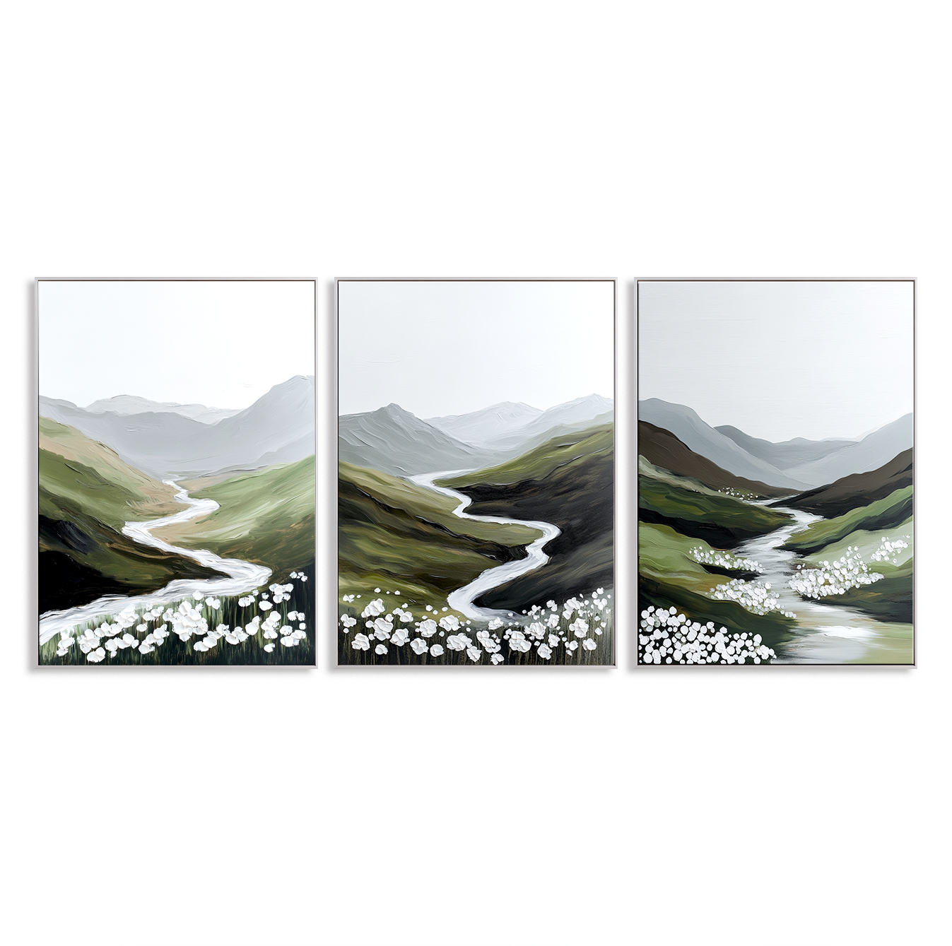 Whispering Meadow River – Textured Landscape Wall Art Set of 3#wp260320