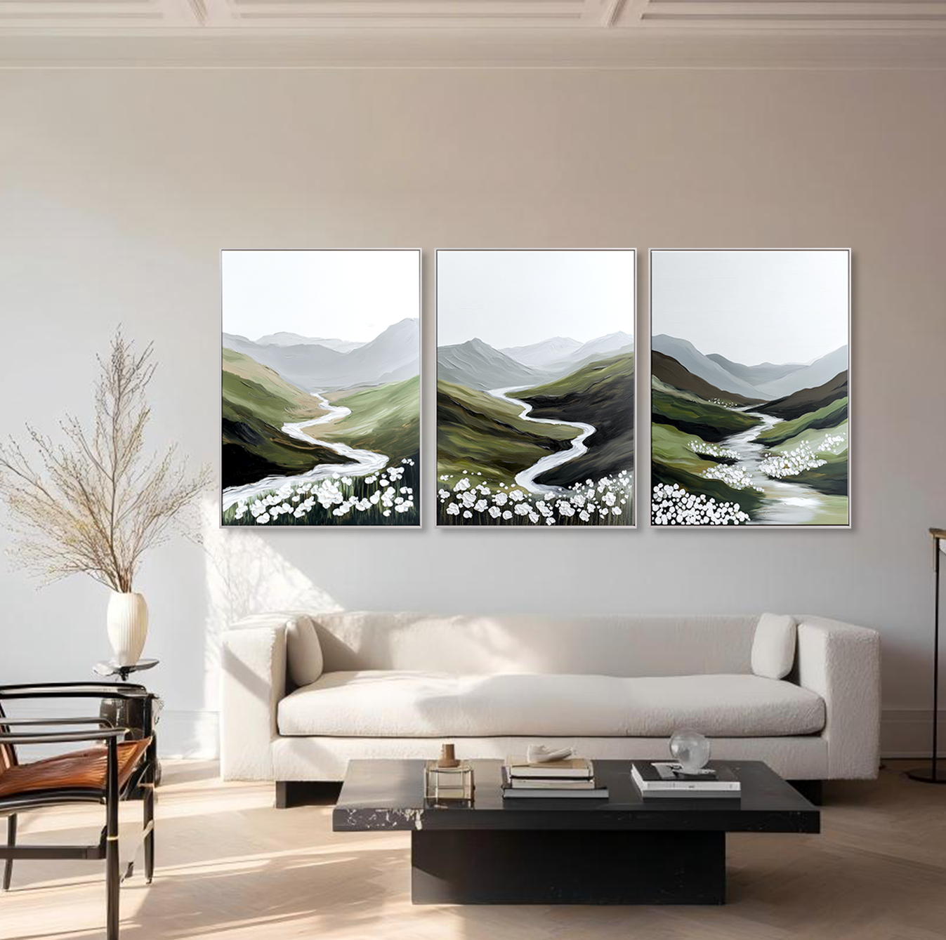Whispering Meadow River – Textured Landscape Wall Art Set of 3#wp260320