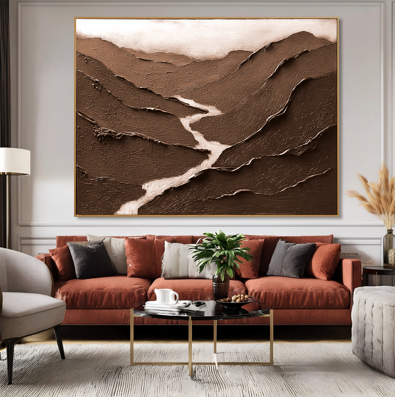 Silent Ridge Flow – Textured Brown Minimalist Landscape Oil Painting#wp260322