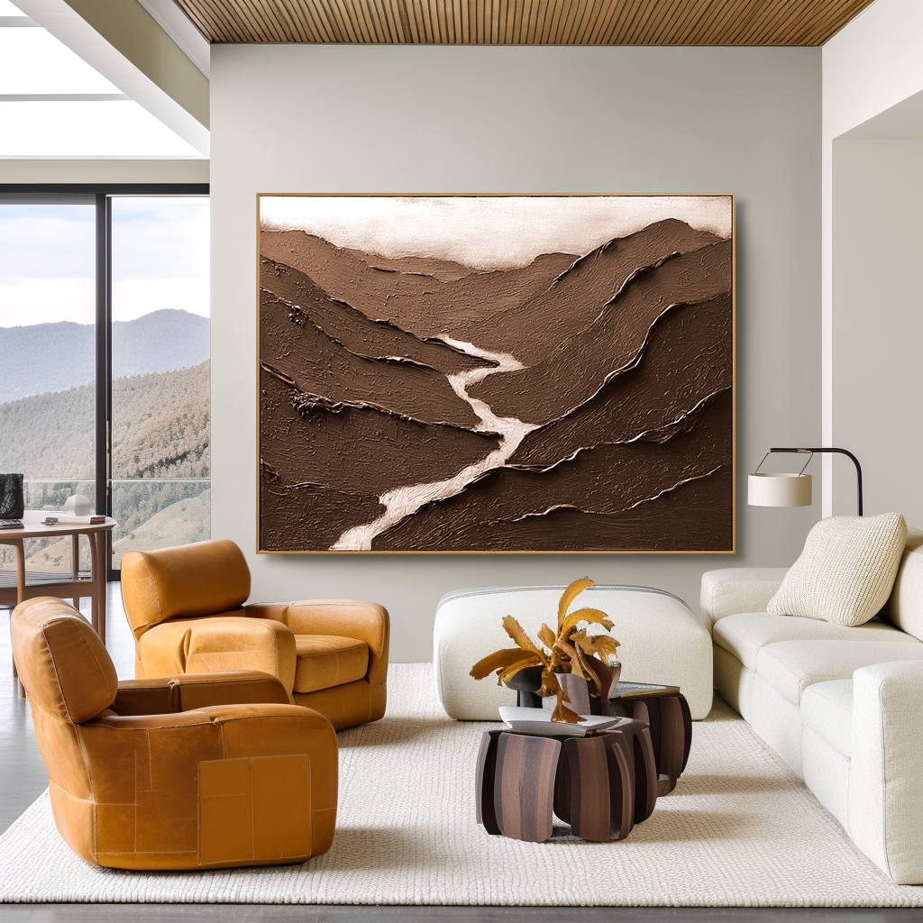Silent Ridge Flow – Textured Brown Minimalist Landscape Oil Painting#wp260322