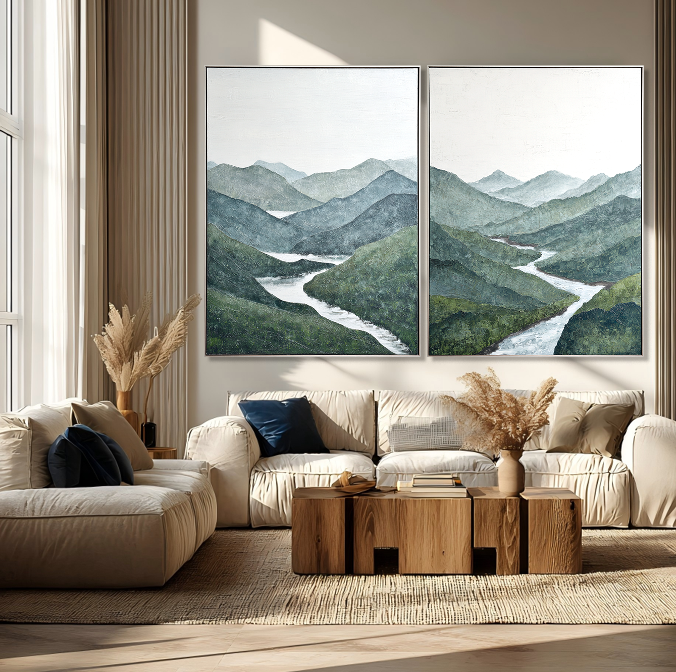 Emerald Valley – Textured Mountain Landscape Wall Art Diptych#abwp260344
