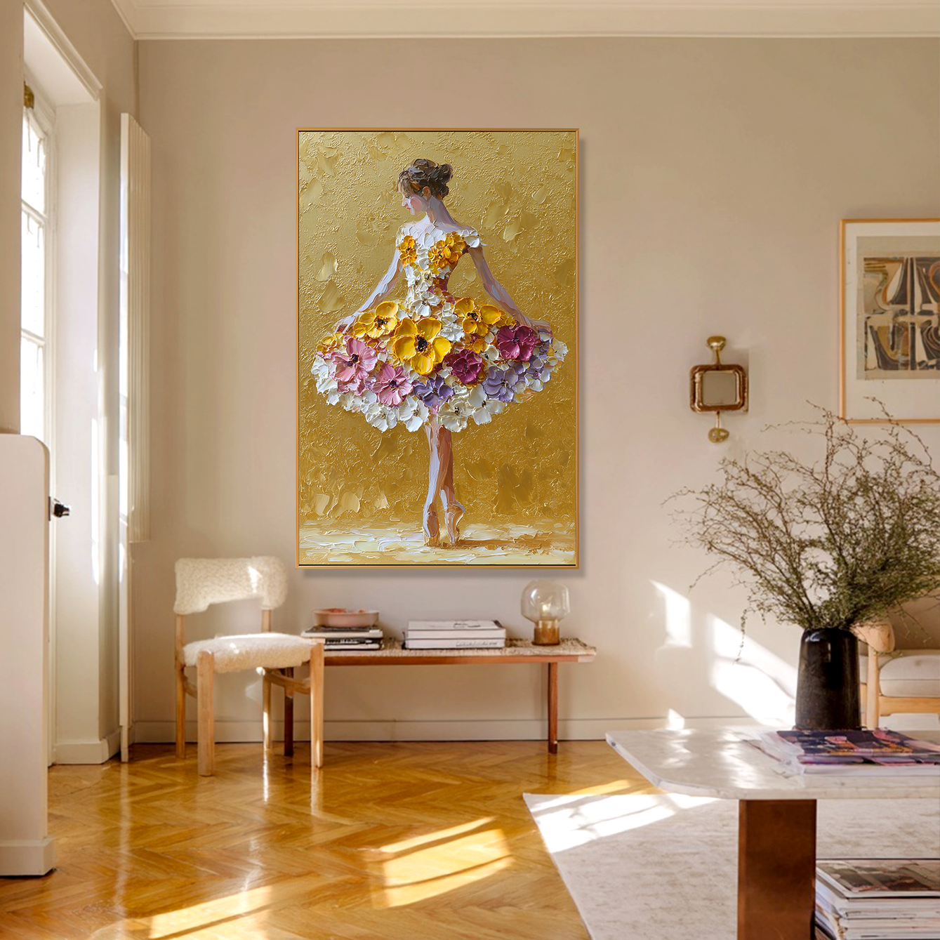 Golden Bloom Dancer – Textured Ballet Painting#AB0323015