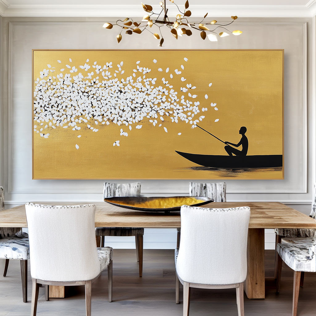 Golden Flow – Minimalist Boat Painting#AB0323018
