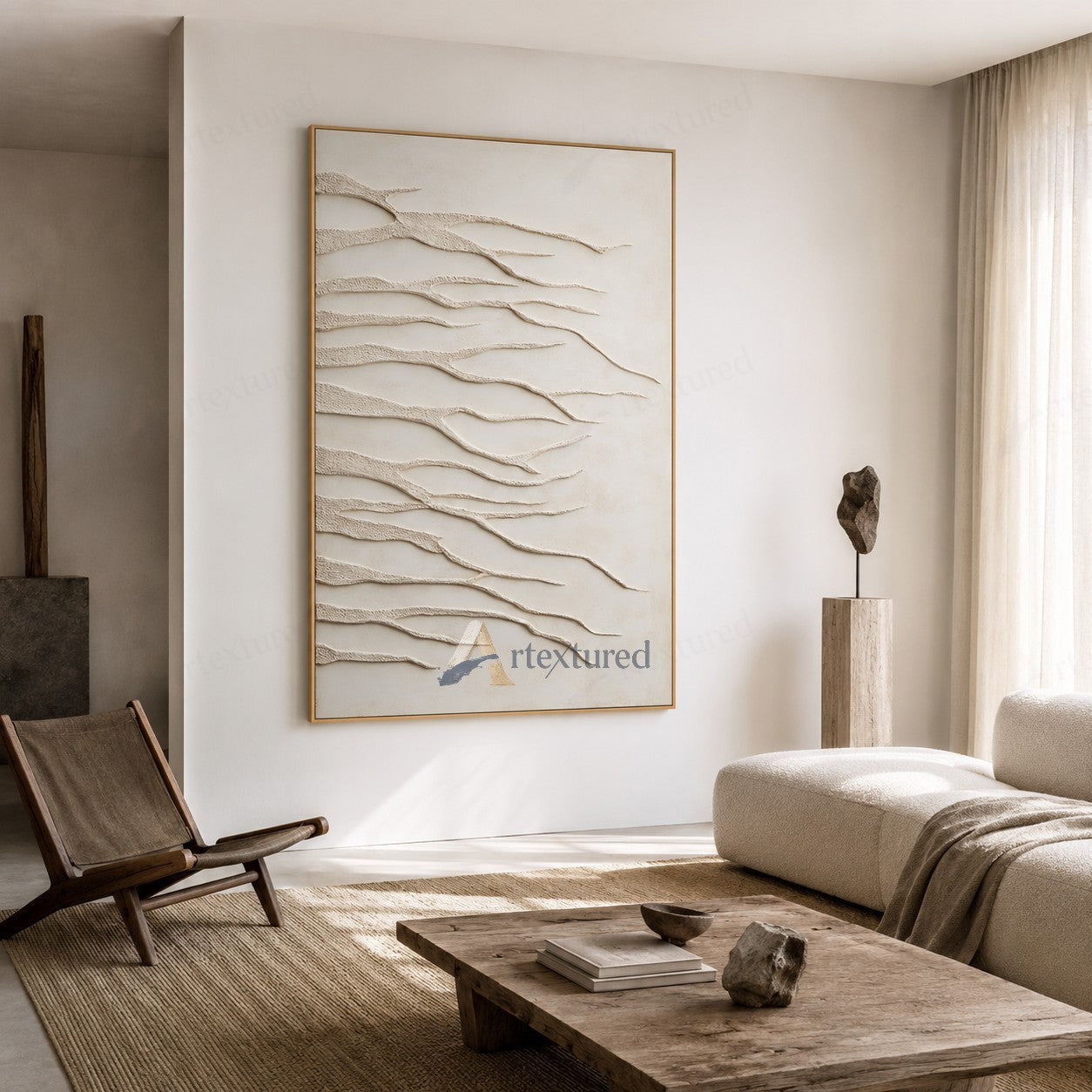 Minimalist Ivory Branch Textured Wall Art – Hand-Painted Abstract Canvas#XW12002