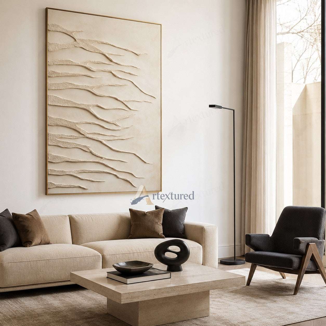 Minimalist Ivory Branch Textured Wall Art – Hand-Painted Abstract Canvas#XW12002