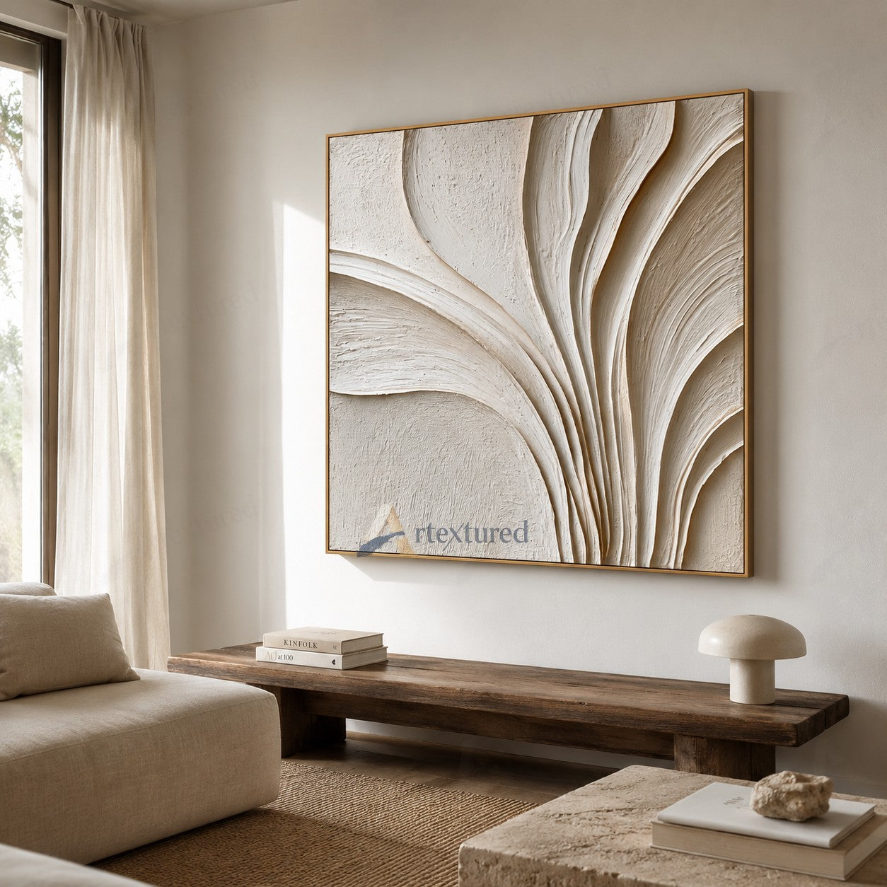Minimalist Ivory Textured Wall Art – Hand-Painted Square Abstract Canvas#XW12003