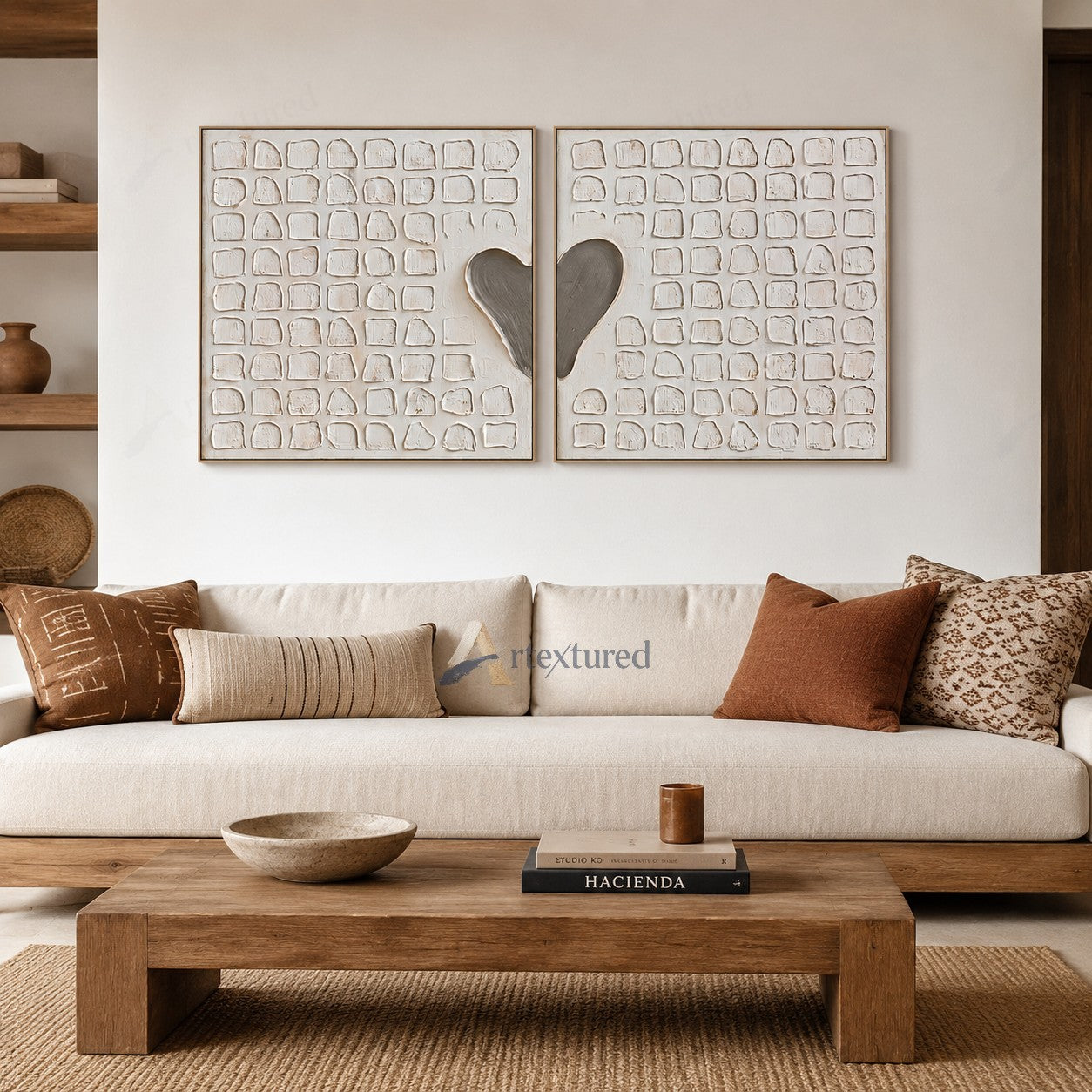 Minimalist Heart Diptych Textured Wall Art – Hand-Painted Square Canvas#XW12005