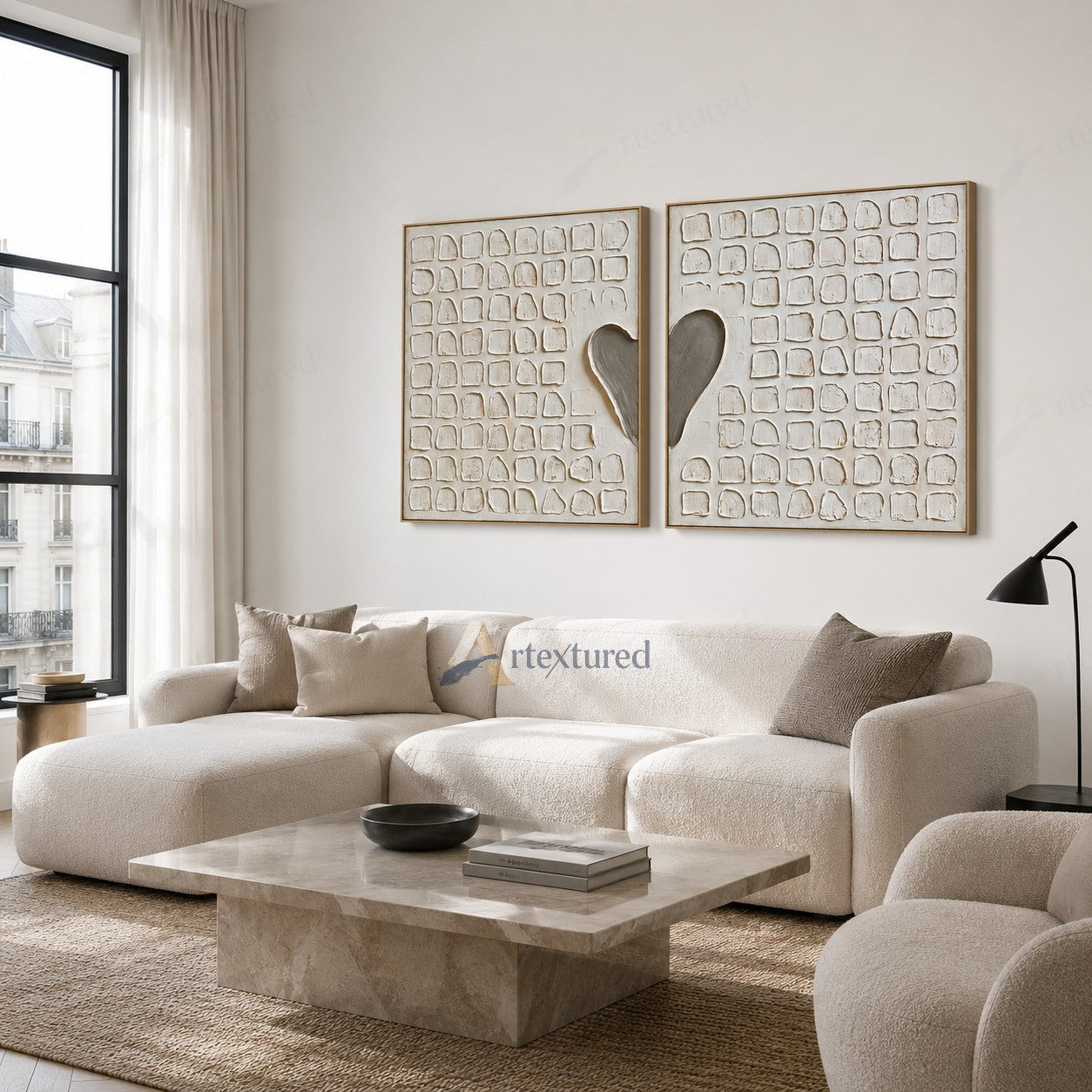Minimalist Heart Diptych Textured Wall Art – Hand-Painted Square Canvas#XW12005