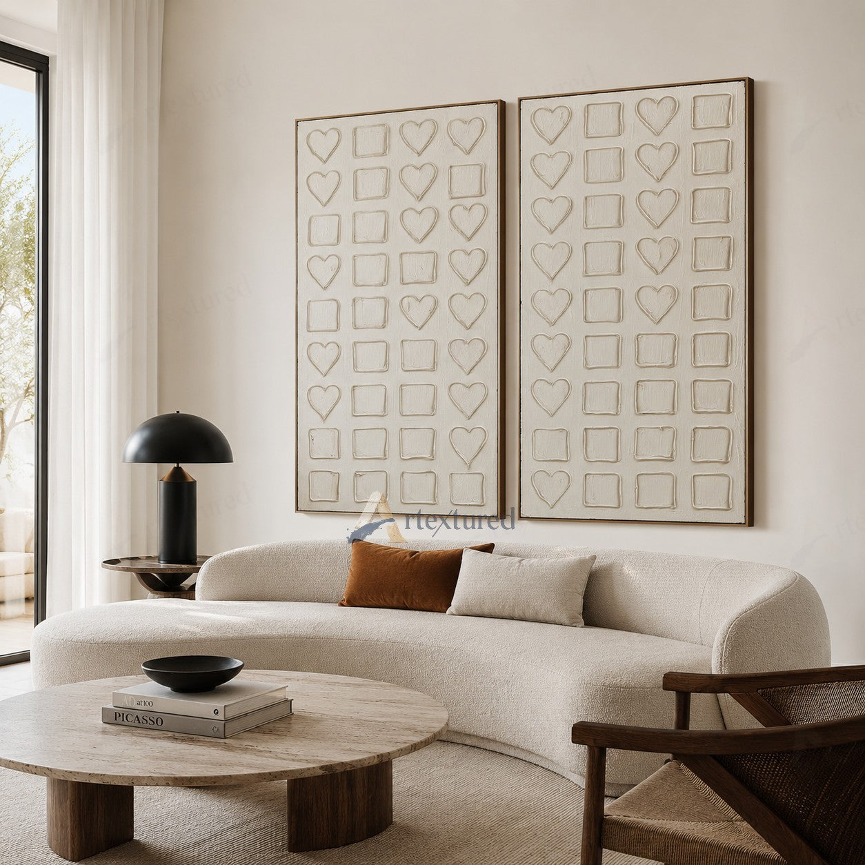 Minimalist Heart Grid Textured Wall Art – Hand-Painted Diptych Canvas#XW12007