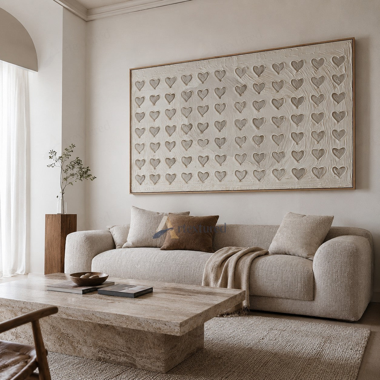 Minimalist Heart Pattern Textured Wall Art – Hand-Painted Ivory Canvas#XW12009