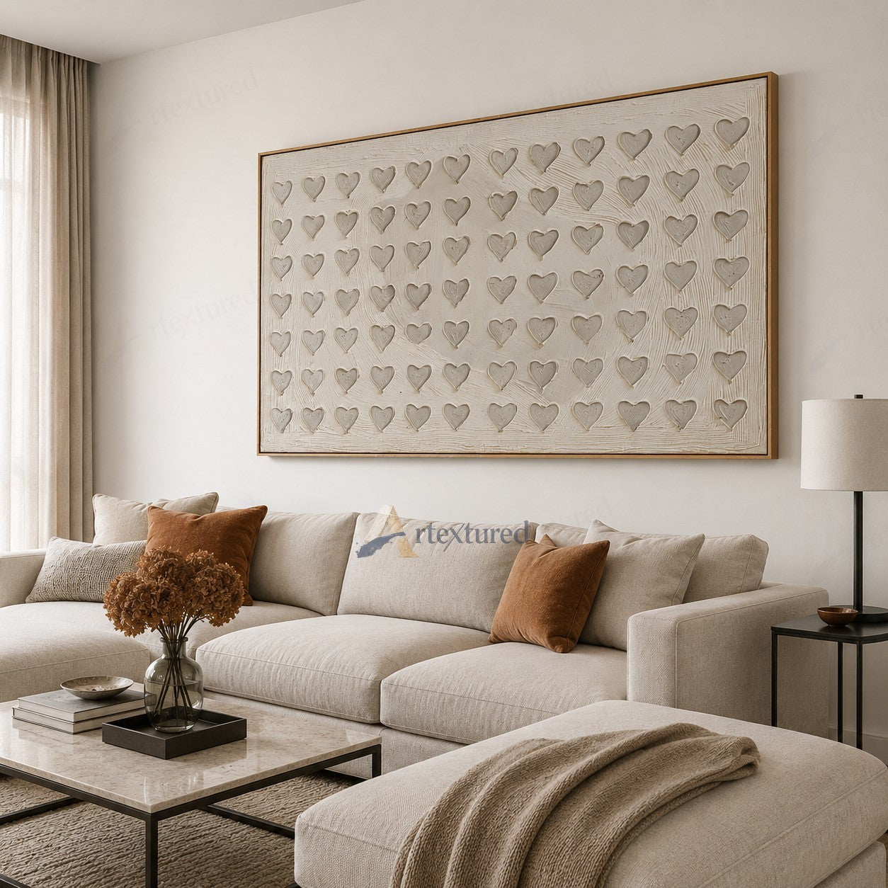 Minimalist Heart Pattern Textured Wall Art – Hand-Painted Ivory Canvas#XW12009