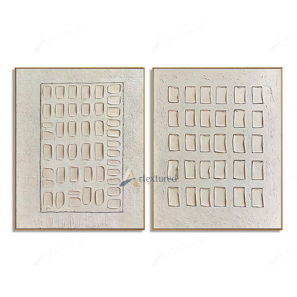 Minimalist Grid Diptych Textured Wall Art – Hand-Painted Neutral Canvas#XW12012