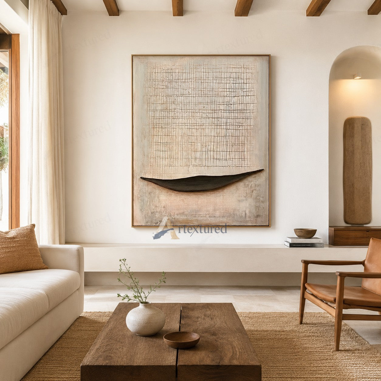 Minimalist Boat Textured Wall Art – Hand-Painted Neutral Abstract Canvas#XW12013