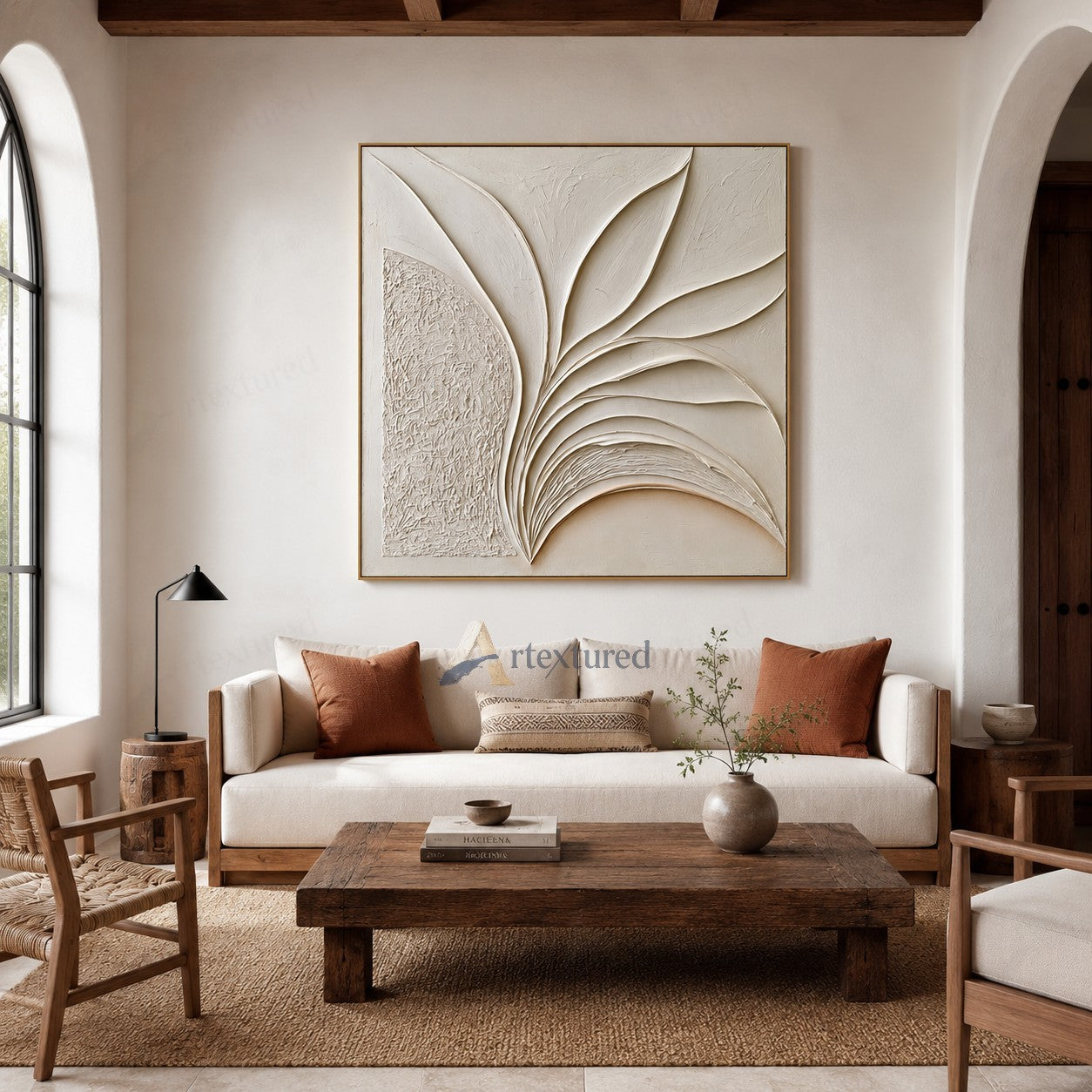 Minimalist Leaf Textured Wall Art – Hand-Painted Ivory Abstract Canvas#XW12014