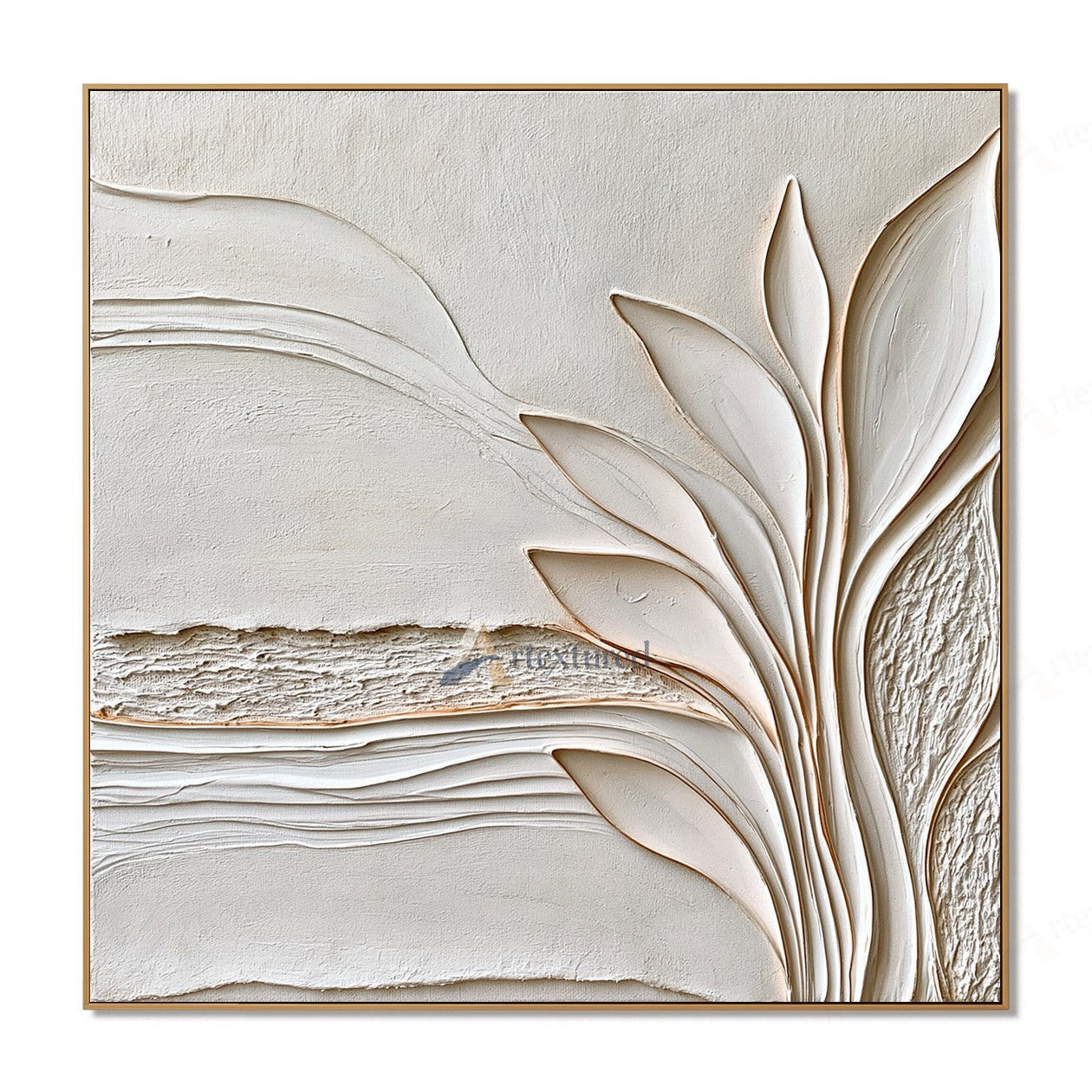 Minimalist Botanical Textured Wall Art – Hand-Painted Ivory Abstract Canvas#XW12015
