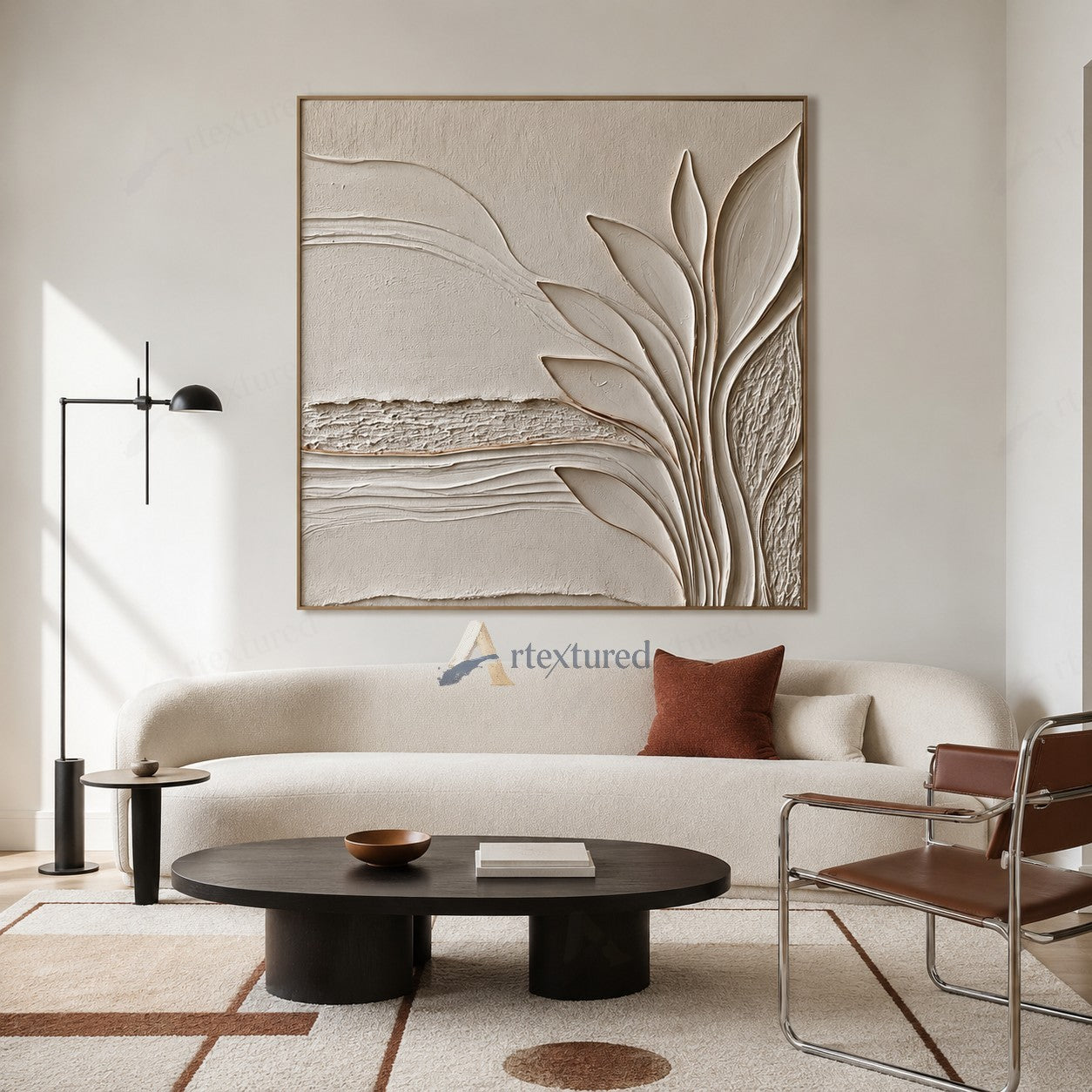 Minimalist Botanical Textured Wall Art – Hand-Painted Ivory Abstract Canvas#XW12015