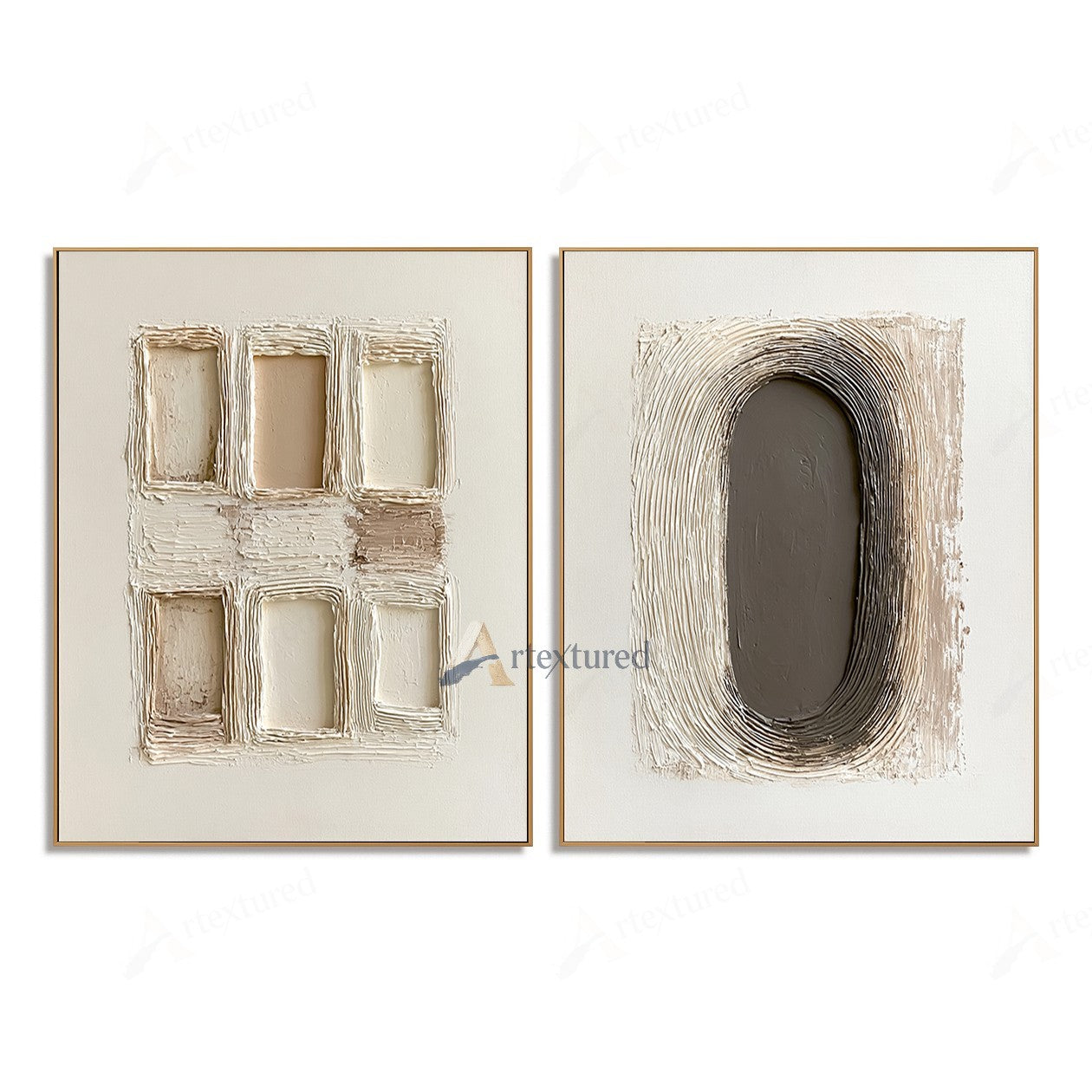 Minimalist Geometric Diptych Textured Wall Art – Hand-Painted Neutral Canvas#XW12016