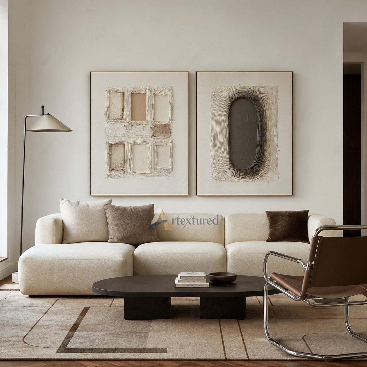 Minimalist Geometric Diptych Textured Wall Art – Hand-Painted Neutral Canvas#XW12016