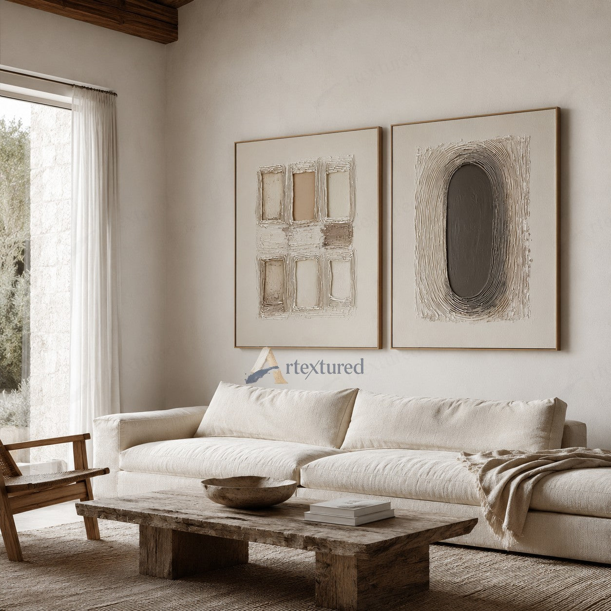 Minimalist Geometric Diptych Textured Wall Art – Hand-Painted Neutral Canvas#XW12016