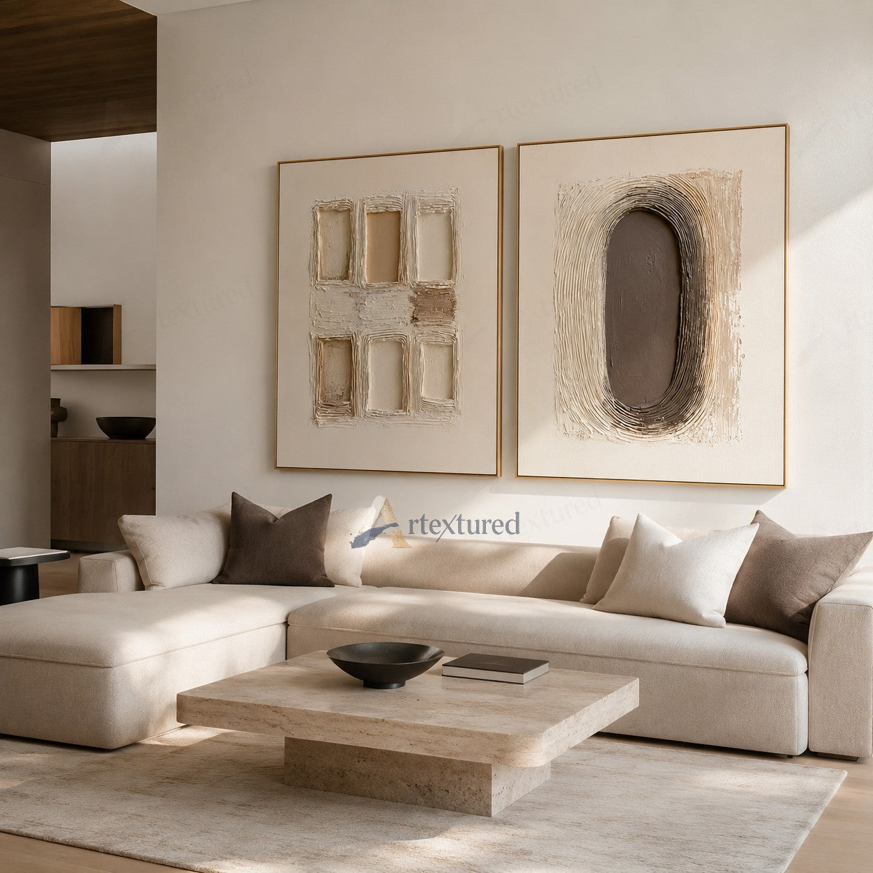 Minimalist Geometric Diptych Textured Wall Art – Hand-Painted Neutral Canvas#XW12016