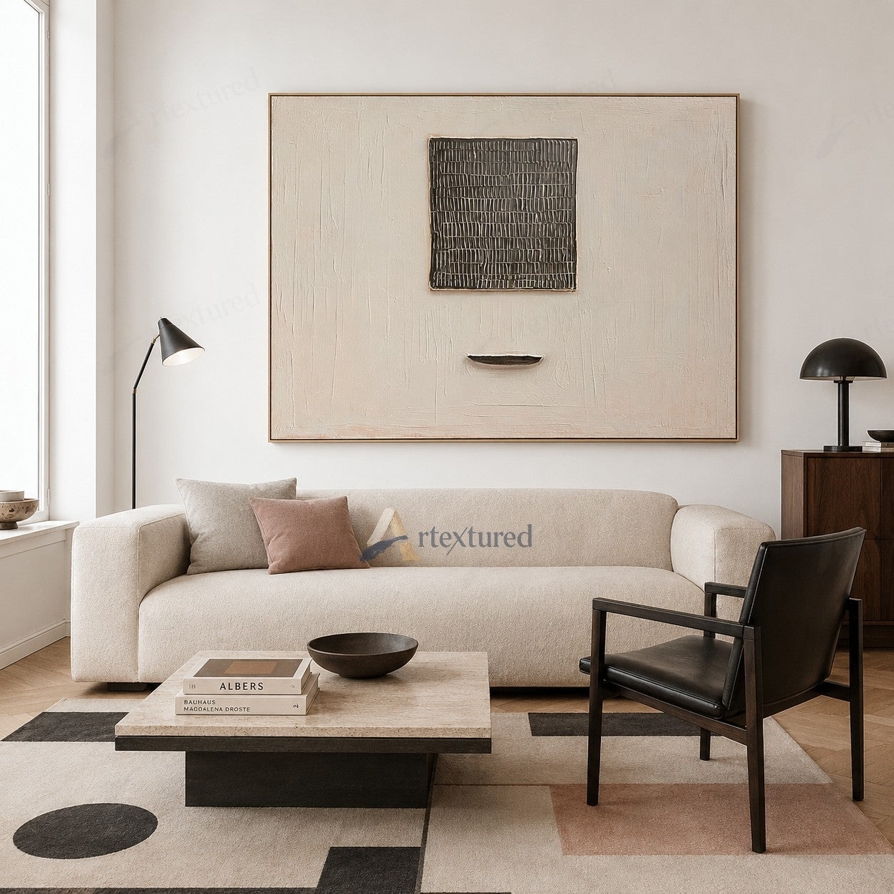 Minimalist Grid Textured Wall Art – Hand-Painted Neutral Abstract Canvas#XW12018