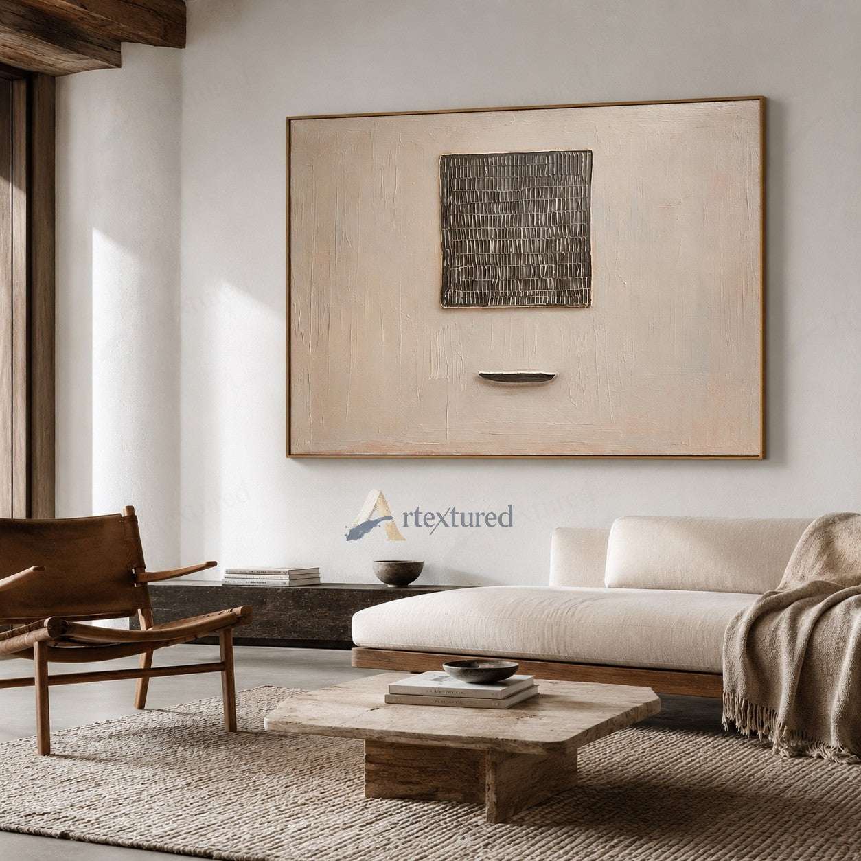 Minimalist Grid Textured Wall Art – Hand-Painted Neutral Abstract Canvas#XW12018