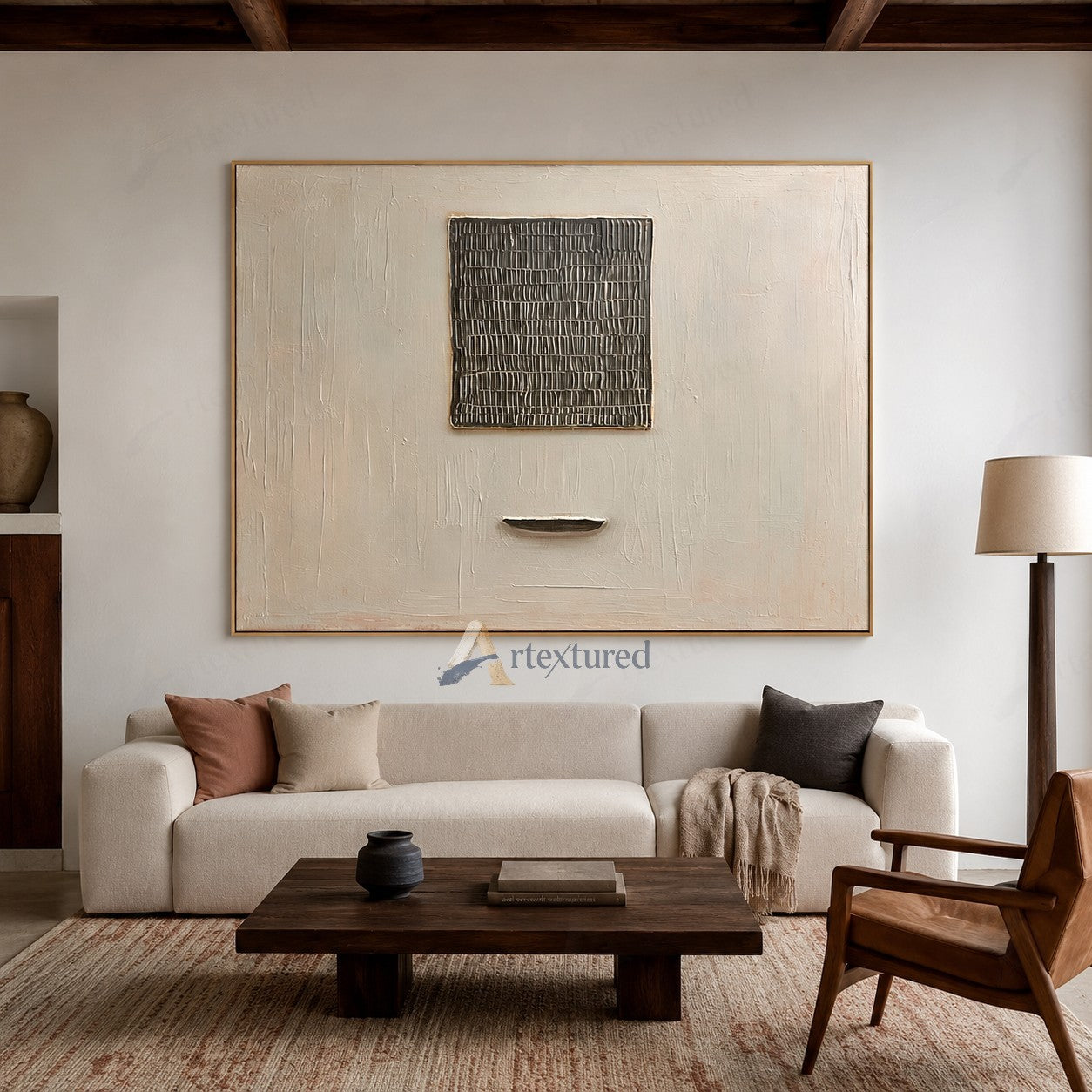 Minimalist Grid Textured Wall Art – Hand-Painted Neutral Abstract Canvas#XW12018