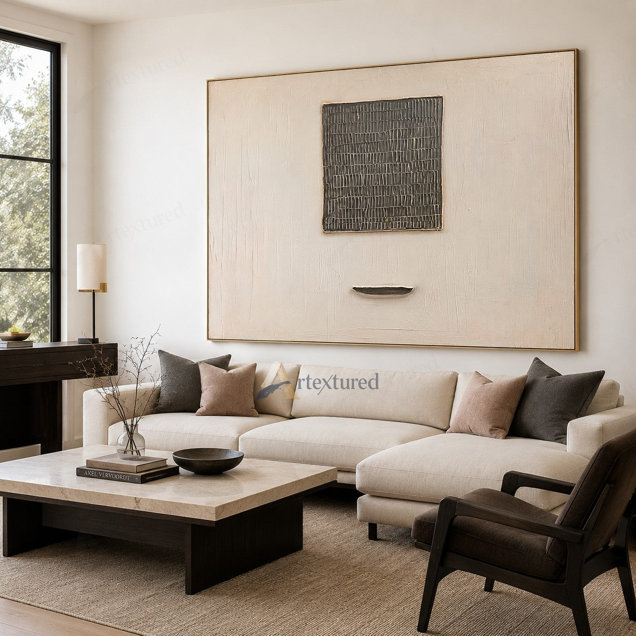 Minimalist Grid Textured Wall Art – Hand-Painted Neutral Abstract Canvas#XW12018