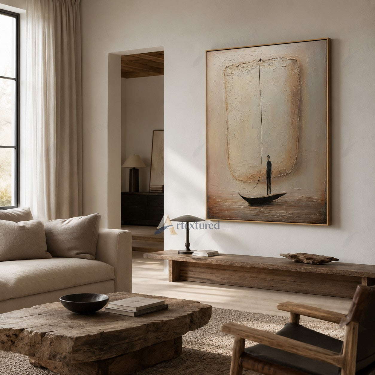 Minimalist Boat Figure Wall Art – Hand-Painted Neutral Abstract Canvas#wp261007