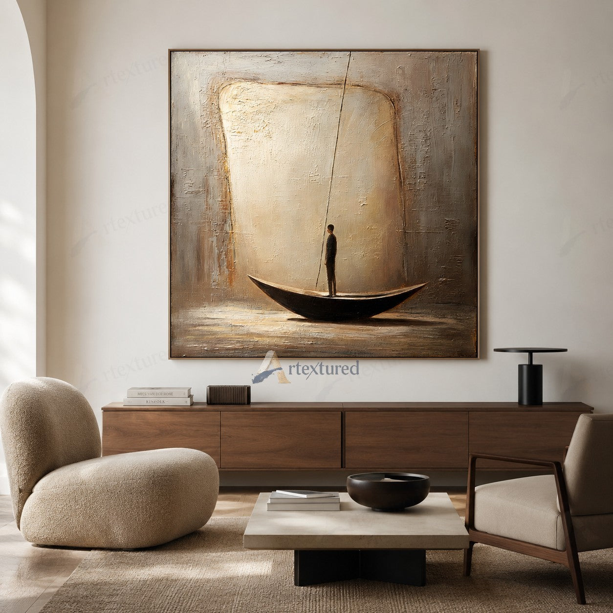 Minimalist Boat Figure Wall Art – Hand-Painted Neutral Abstract Canvas#wp261010