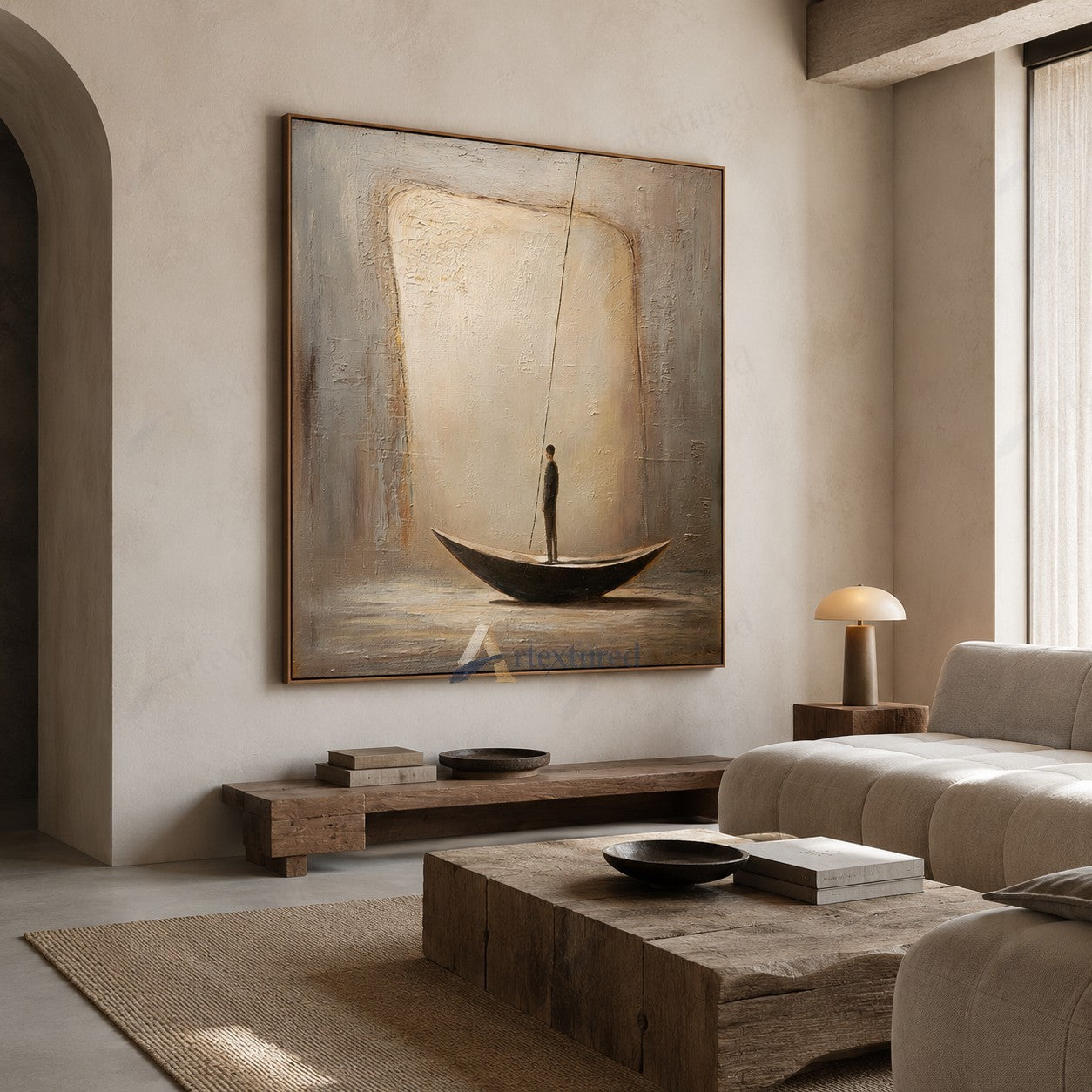 Minimalist Boat Figure Wall Art – Hand-Painted Neutral Abstract Canvas#wp261010