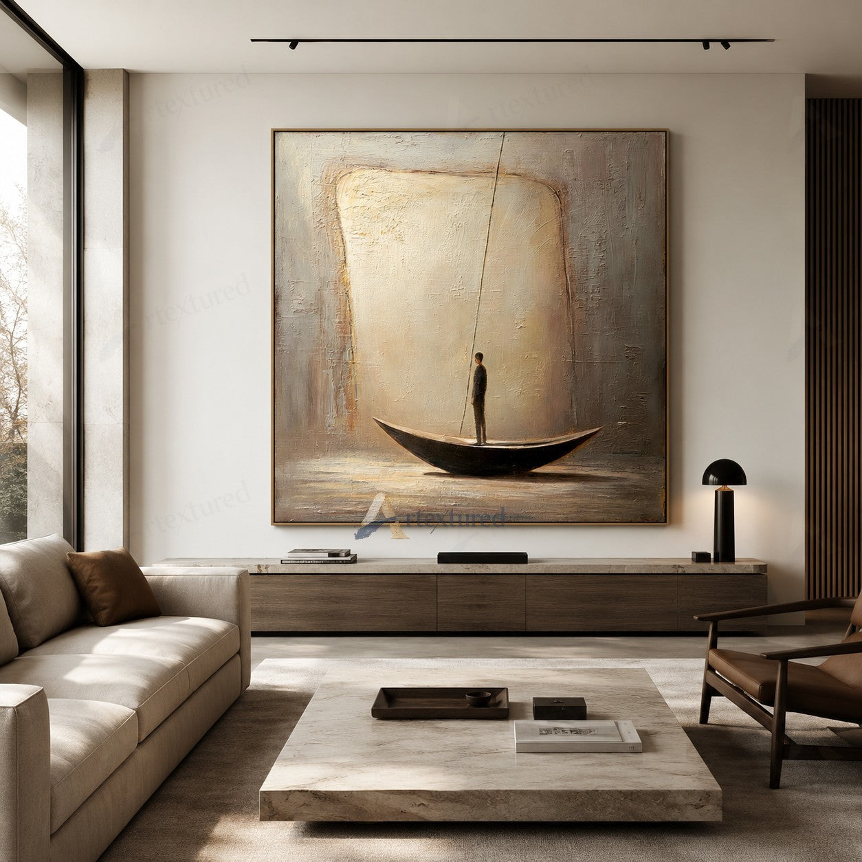 Minimalist Boat Figure Wall Art – Hand-Painted Neutral Abstract Canvas#wp261010