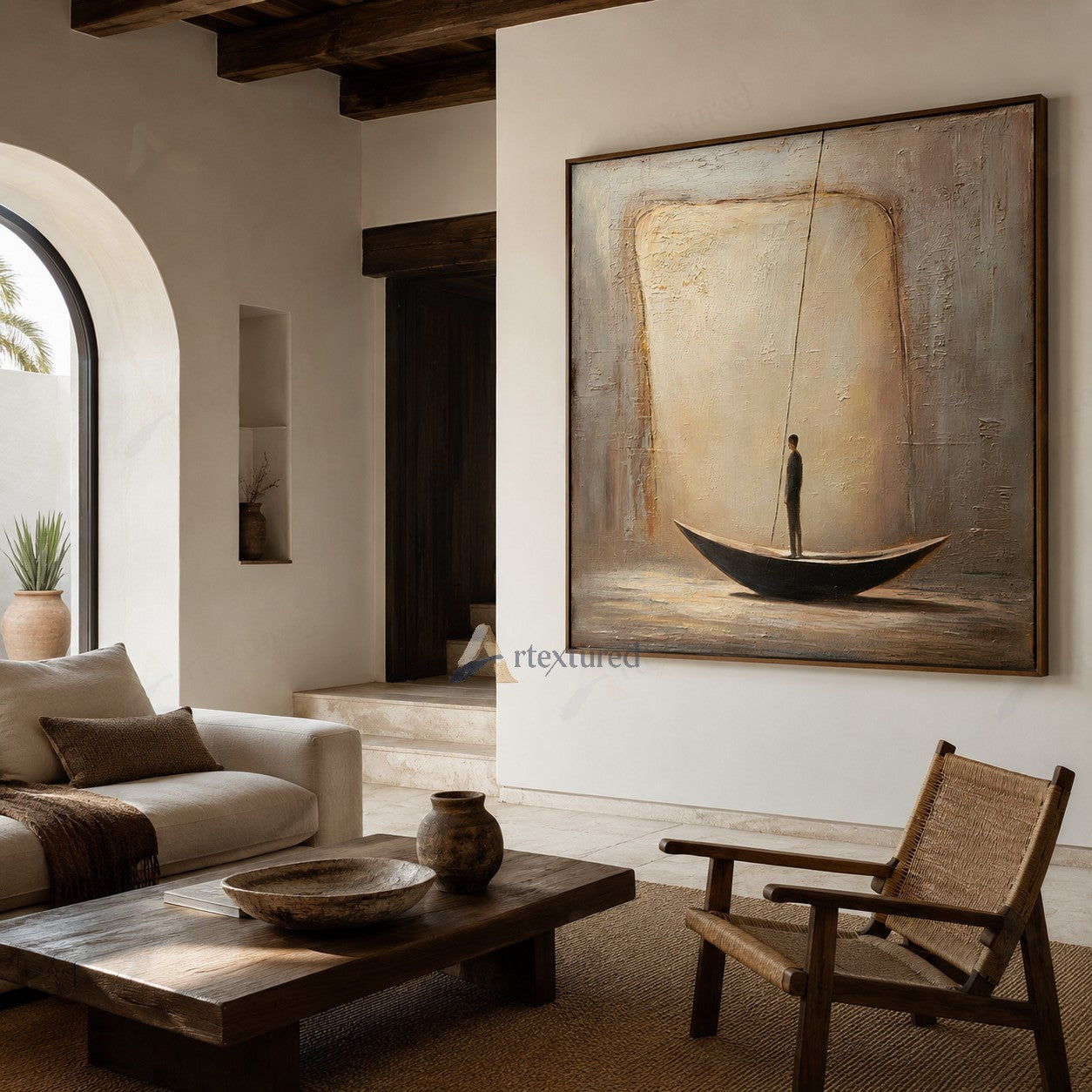 Minimalist Boat Figure Wall Art – Hand-Painted Neutral Abstract Canvas#wp261010