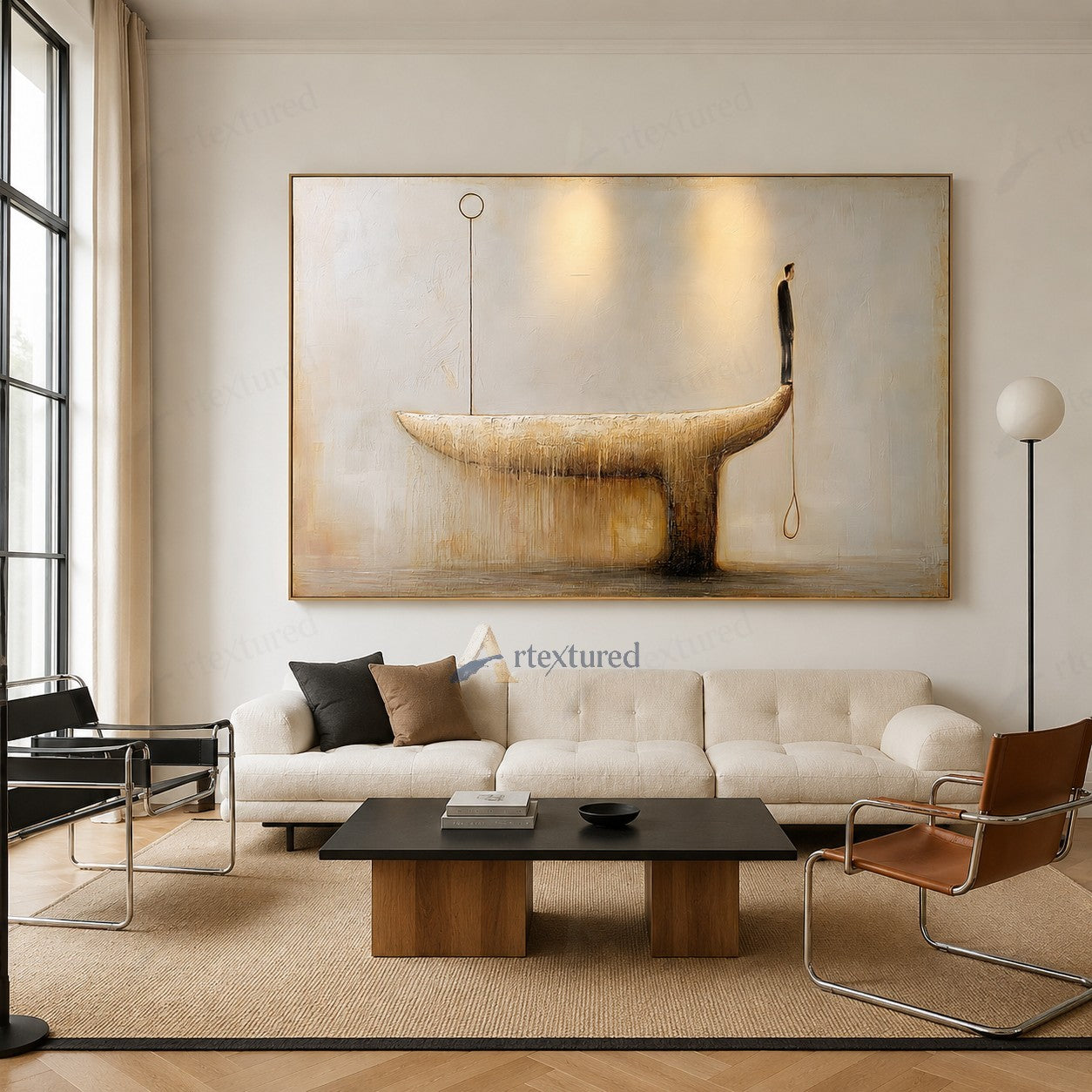 Minimalist Golden Boat Wall Art – Hand-Painted Neutral Abstract Canvas#wp261012